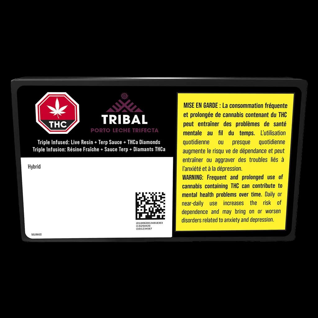 Tribal Porto Leche Trifecta hybrid cannabis concentrate package with live resin, terp sauce, and THCa diamonds