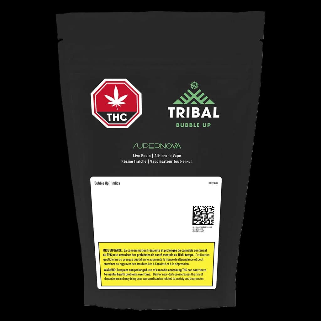 Emballage de vape tout-en-un en résine vivante Tribal Bubble Up Supernova avec symbole THC et étiquette d'avertissement de Santé Canada sur pochette noire