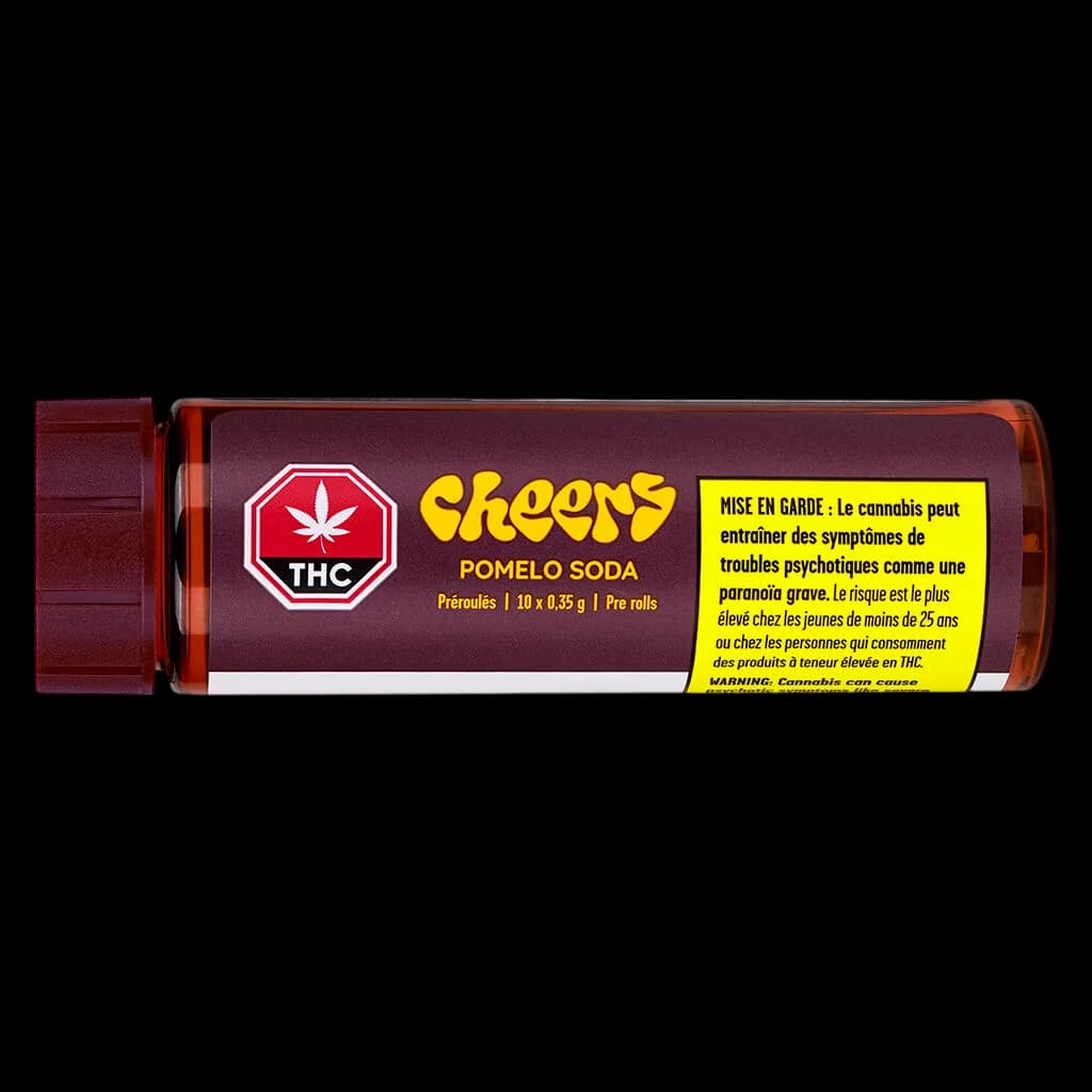 Cheers Pomelo Soda pre-roll pack, 10 x 0.35g, burgundy tube with yellow Health Canada warning label
