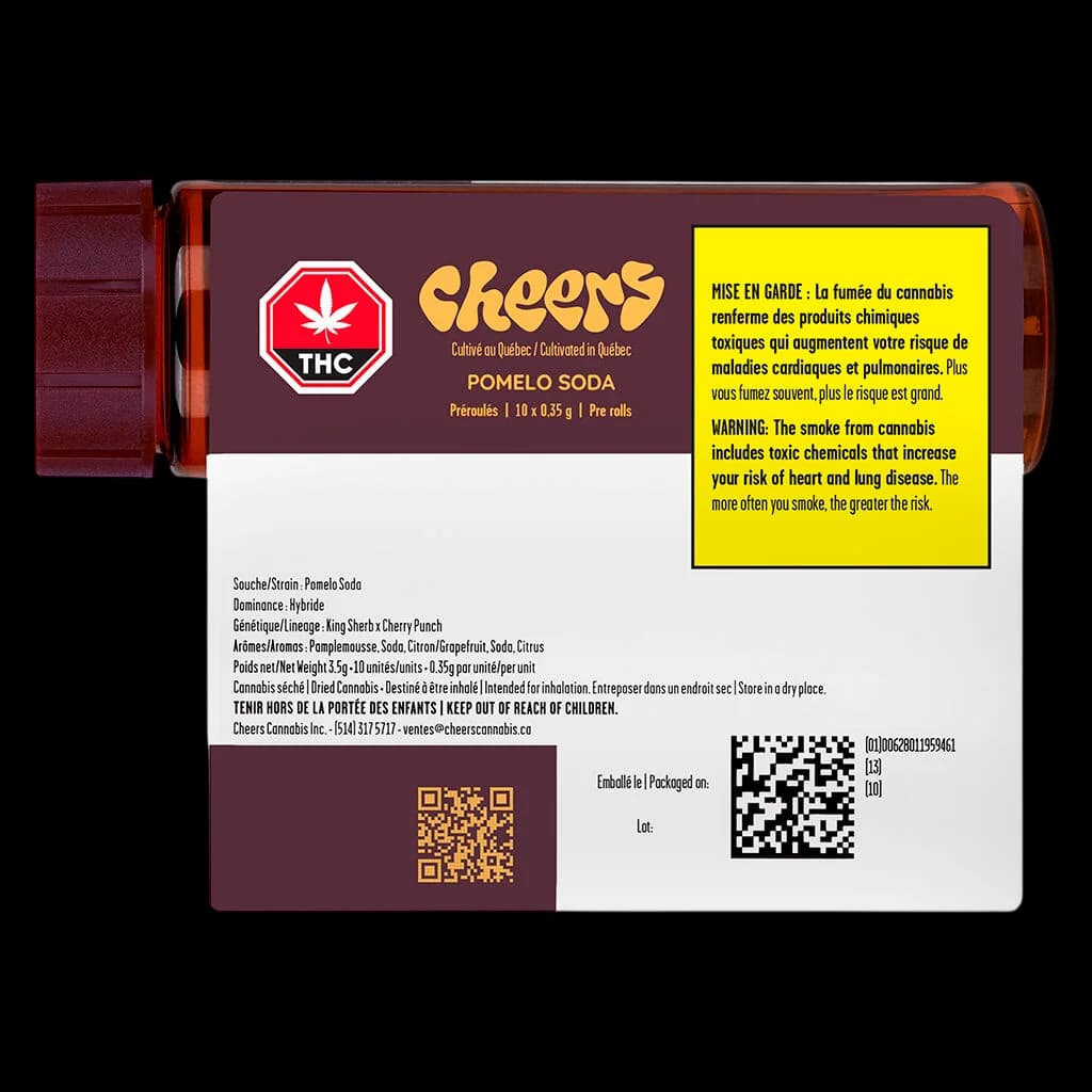 Cheers Pomelo Soda pre-roll pack, 10 x 0.35g, with burgundy packaging and yellow Health Canada warning label