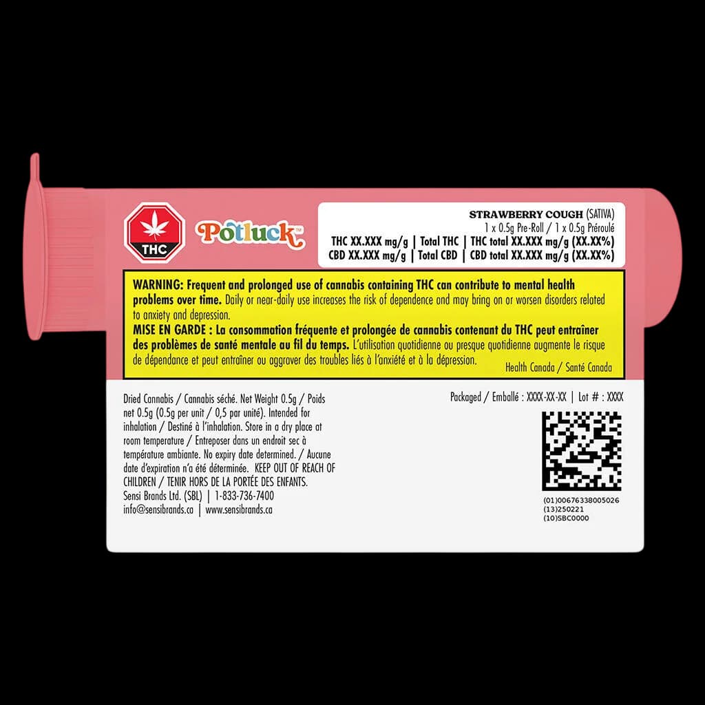 Potluck Strawberry Cough sativa pre-roll 0.5g with pink packaging, THC warning label, and Health Canada regulatory information