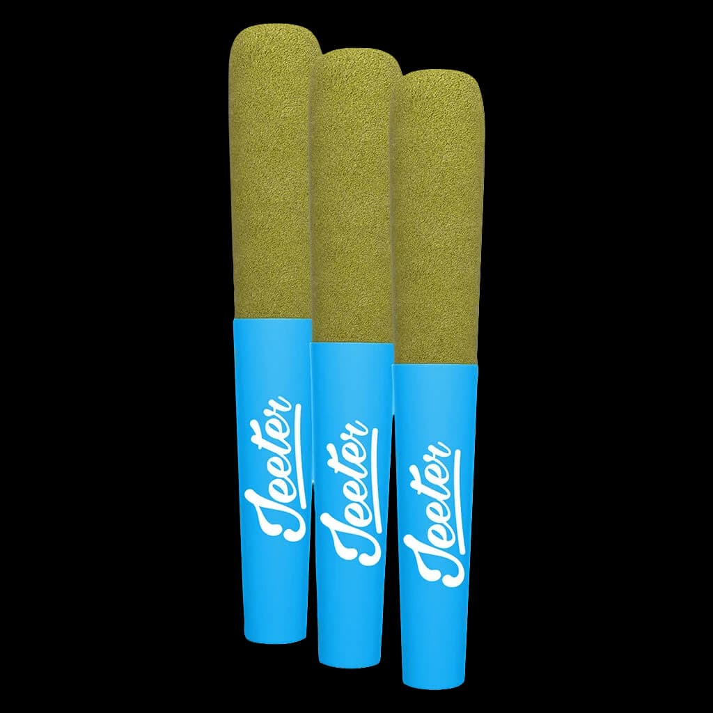 Three Jeeter Baby Jeeter Infused pre-rolls with olive-green flower and blue branded tubes