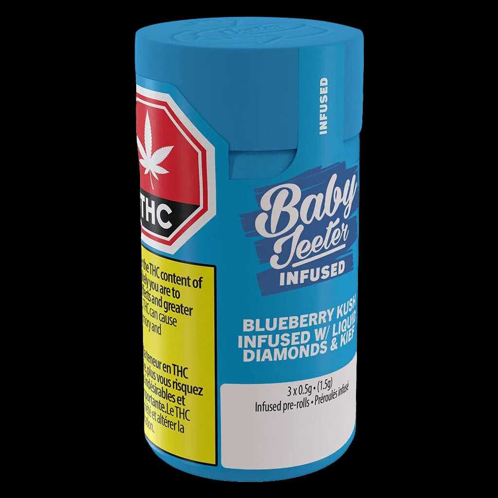 Baby Jeeter Infused Blueberry Kush 3-pack pre-rolls with liquid diamonds and kief in blue cylindrical packaging