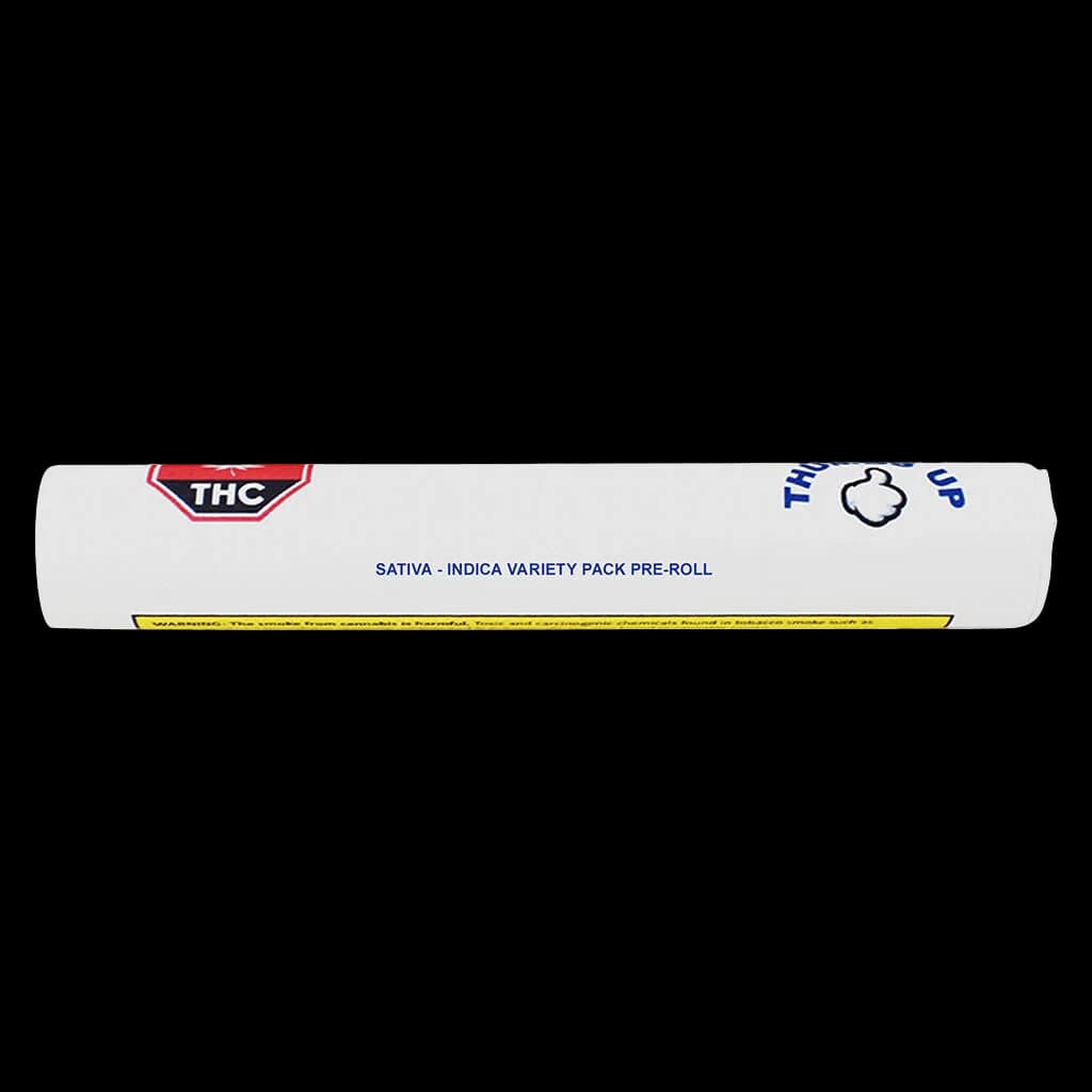 Thumbs Up Sativa-Indica Variety Pack pre-roll with THC warning symbol and Health Canada packaging label