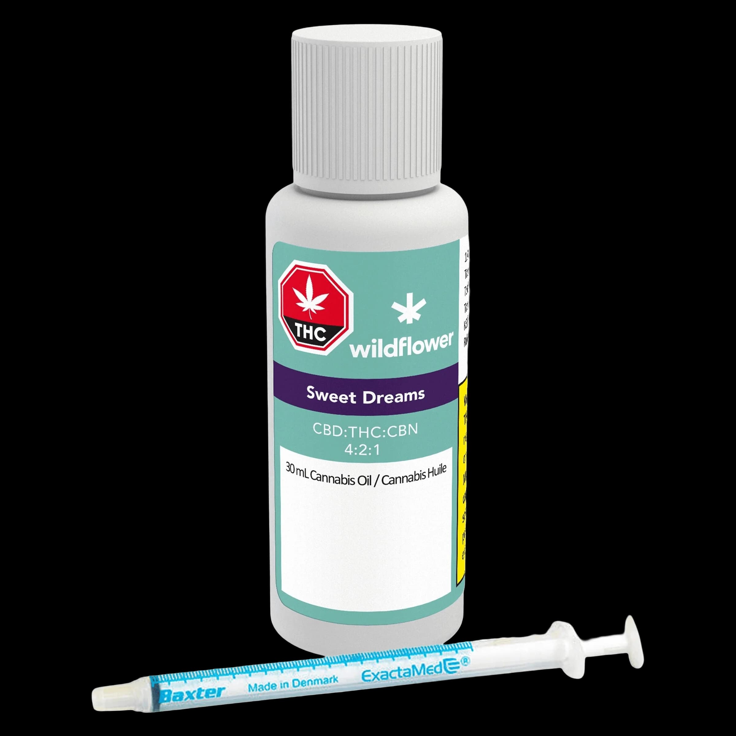 Wildflower Sweet Dreams cannabis oil 30mL bottle with CBD:THC:CBN 4:2:1 ratio and dosing syringe
