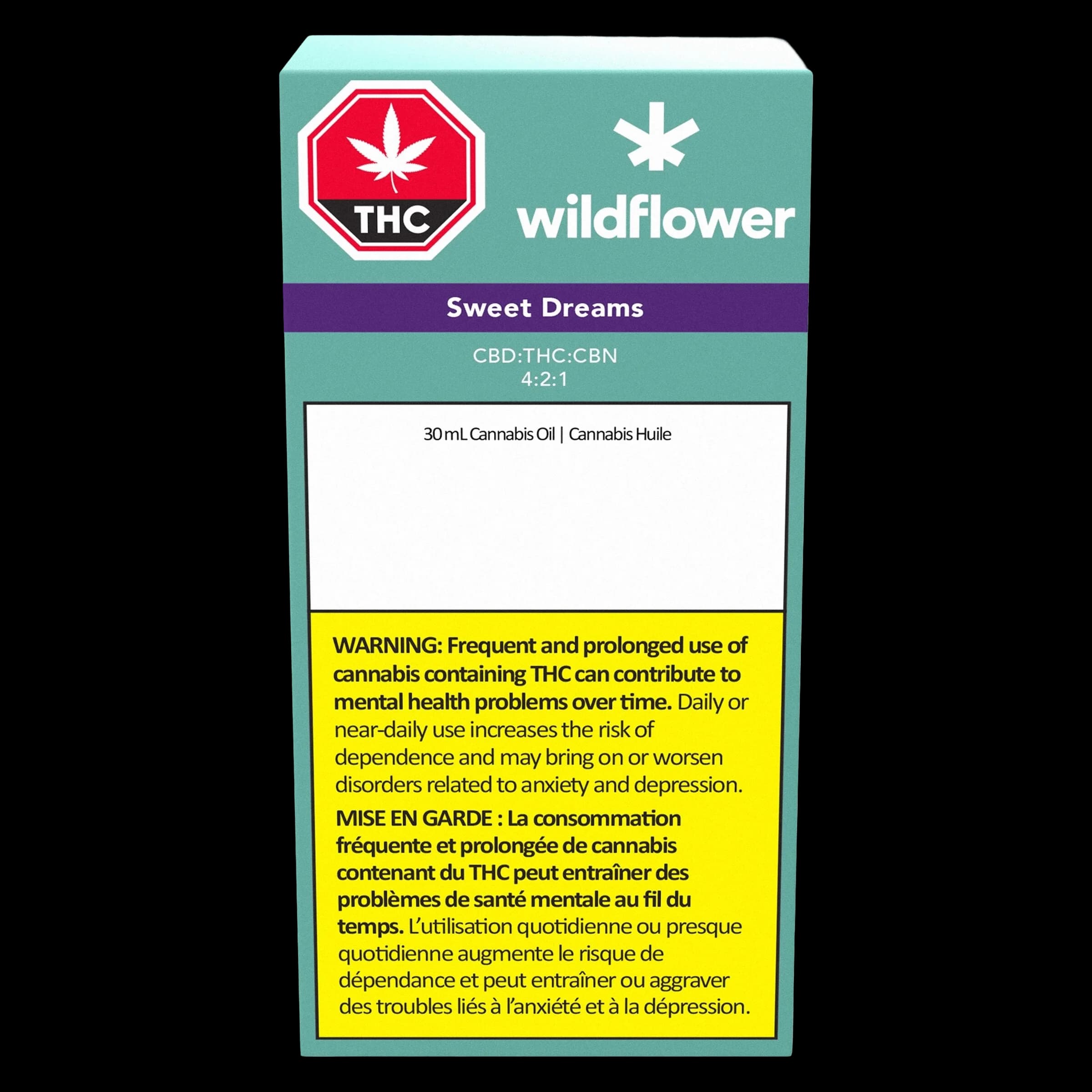 Wildflower Sweet Dreams 30mL cannabis oil, CBD:THC:CBN 4:2:1 ratio, front packaging with Health Canada warning label
