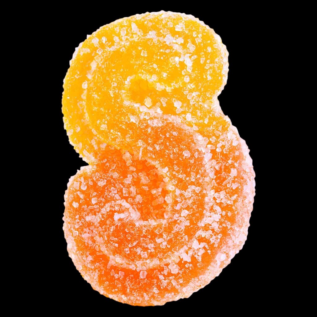 SOURZ by Spinach gommes Pêche Orange 1:1 THC:CBD, deux bonbons mous enrobés de sucre en jaune et orange