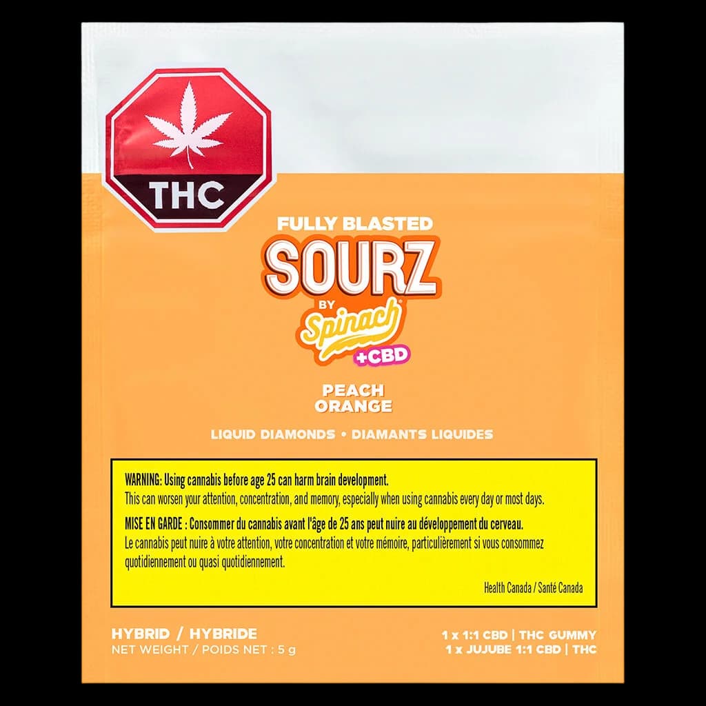 SOURZ by Spinach gommes Pêche Orange 1:1 THC:CBD, deux bonbons mous enrobés de sucre en jaune et orange
