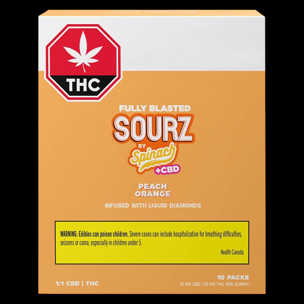 SOURZ by Spinach gommes Pêche Orange 1:1 THC:CBD, deux bonbons mous enrobés de sucre en jaune et orange