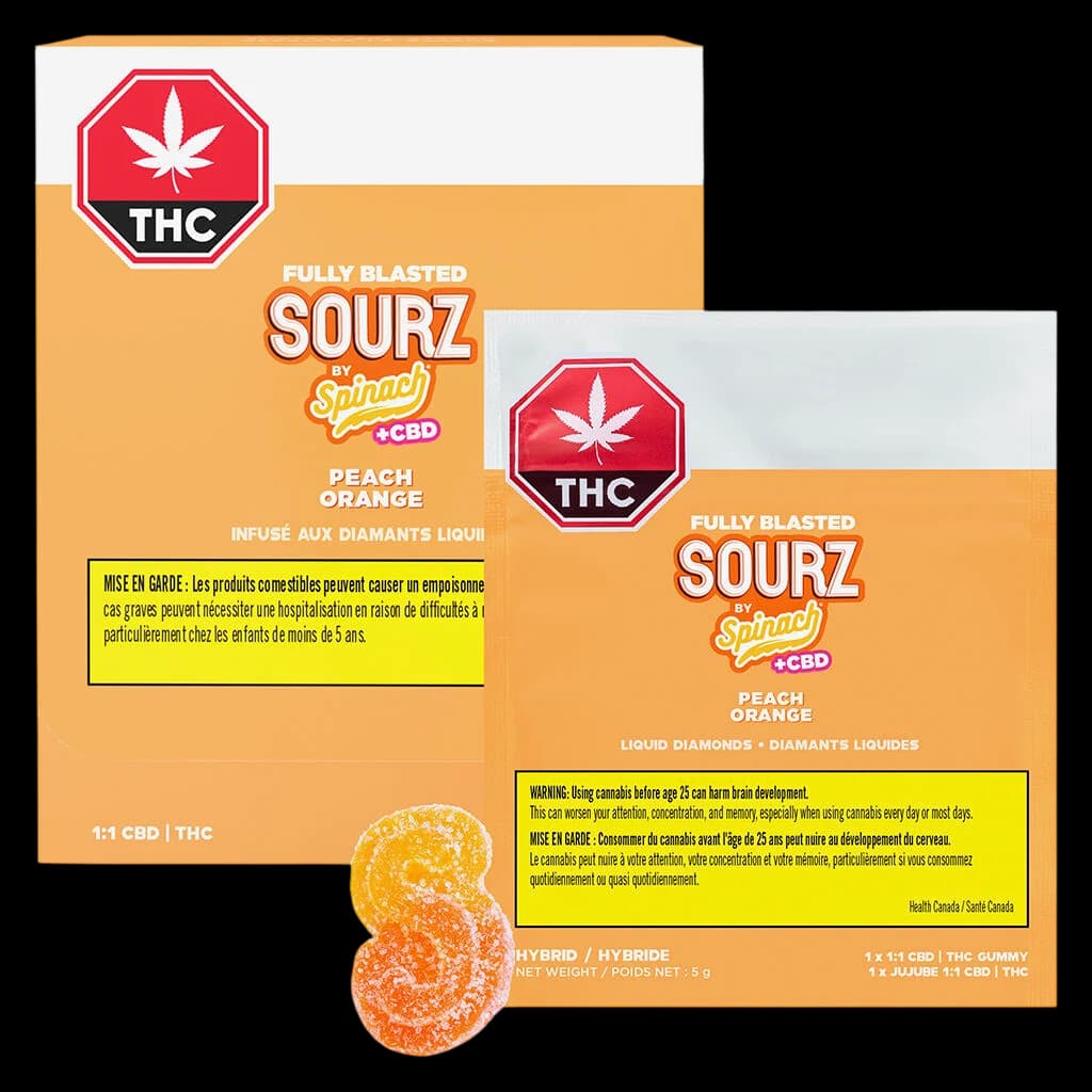 Emballage de gommes à la pêche et à l'orange Fully Blasted Sourz by Spinach 1:1 CBD THC à formule liquide diamants, poids net de 5 g