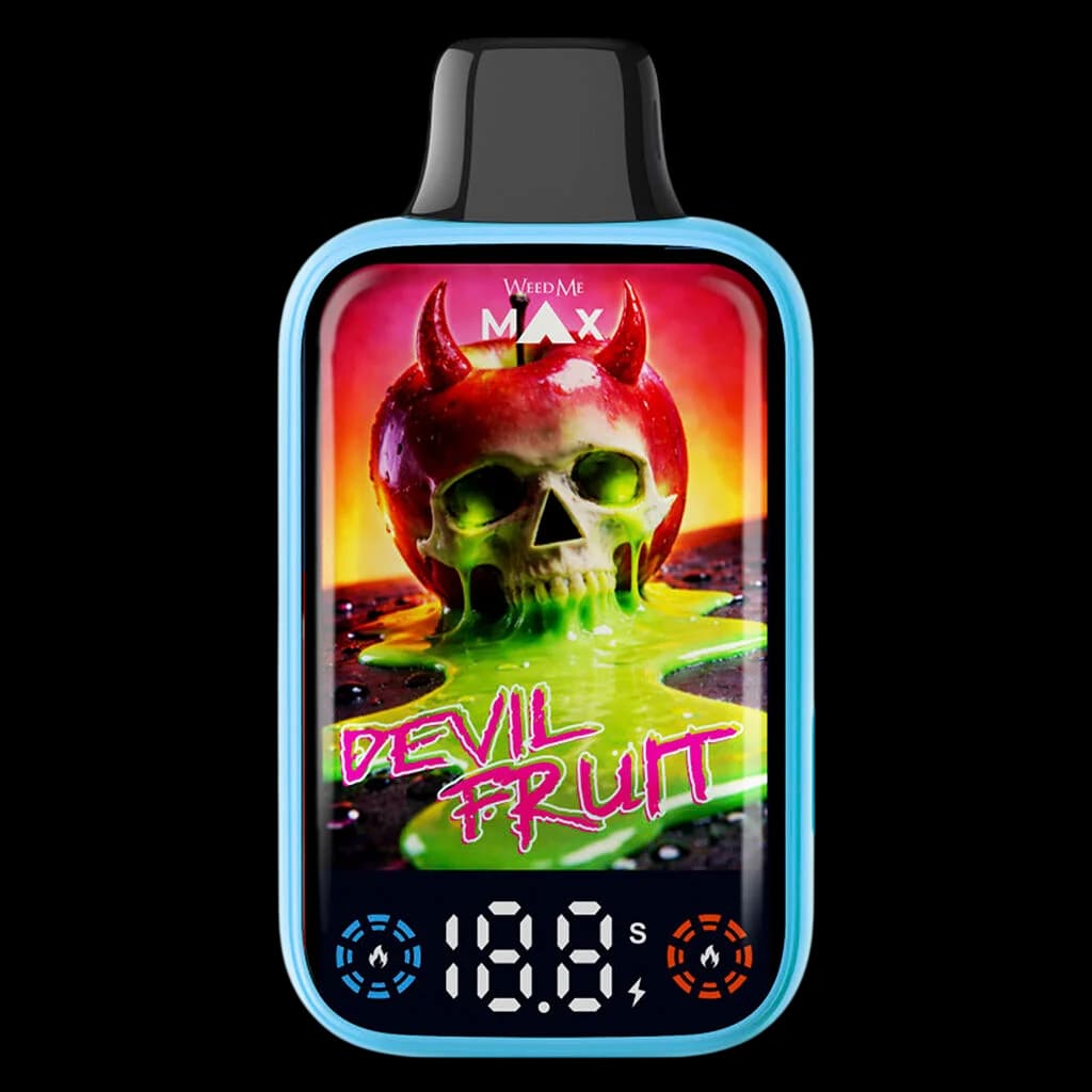 Stylo vape jetable Weed Me Max Devil Fruit avec cadre bleu, présentant un motif de crâne et un écran numérique affichant 18,9 s