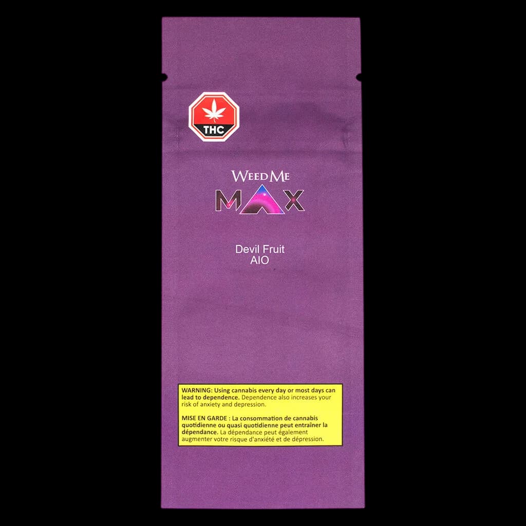 Emballage du stylo vapoteur jetable Weed Me Max Devil Fruit AIO, pochette violette avec symbole d'avertissement THC et étiquette d'avertissement bilingue de Santé Canada