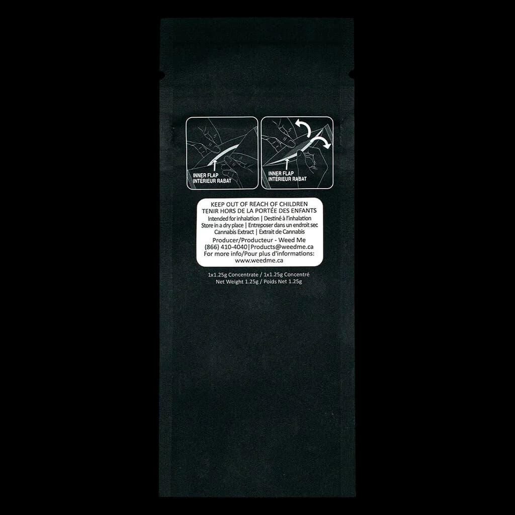 Pochette de concentré de cannabis Weed Me Max Devil Fruit AIO de 1,25 g avec rabat intérieur contenant les instructions et l'étiquetage de sécurité bilingue