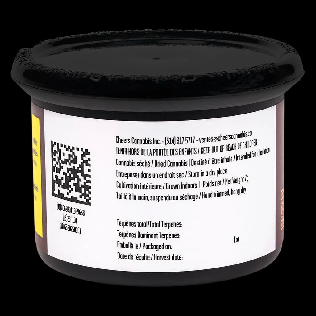 Cheers Cannabis 7g dried flower jar with black lid, rear label showing regulatory information and QR code
