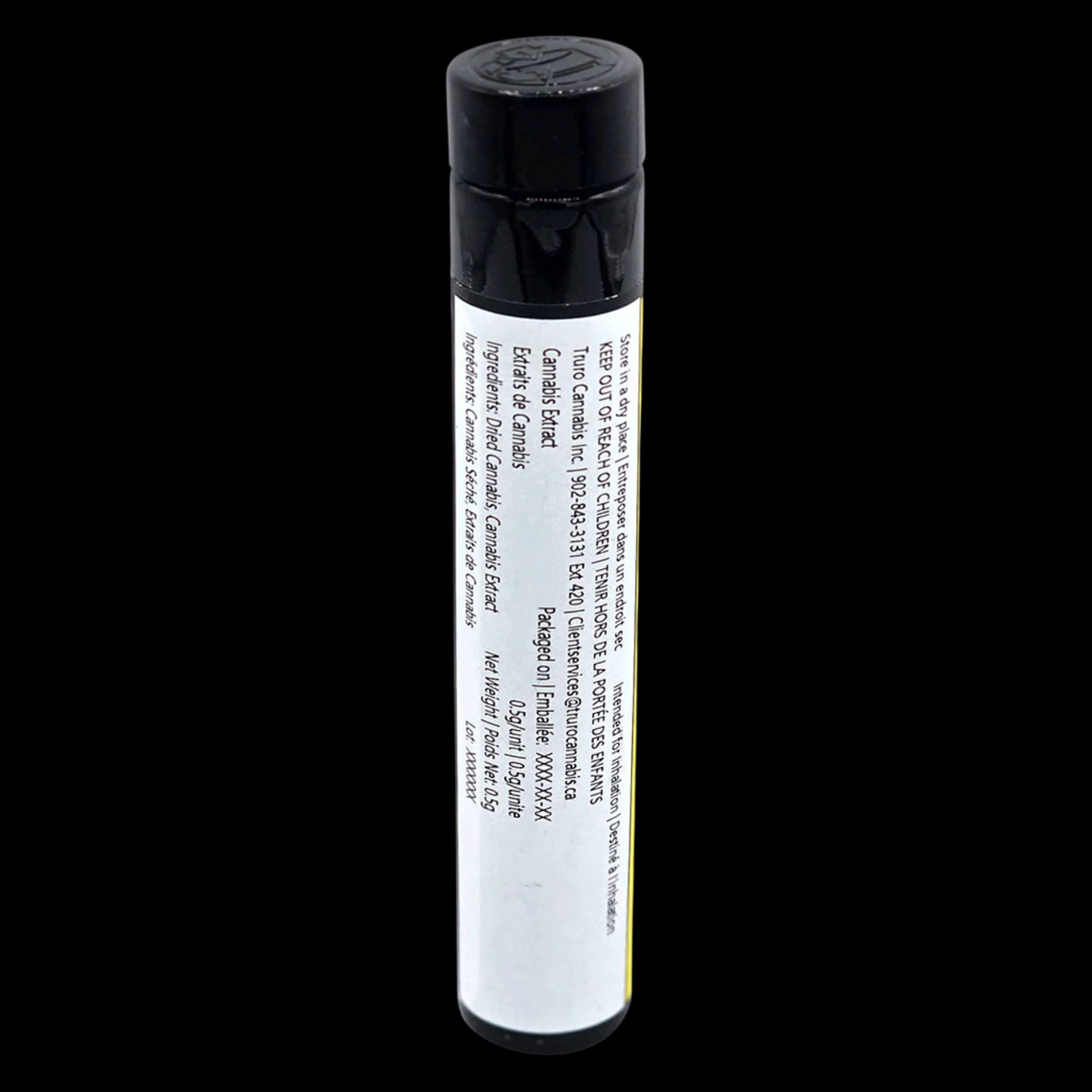 Cosmic Cookies 50%+ Hash Diamond Infused Pre-Roll by Truro Hash Gems, rear packaging view showing regulatory information and product details