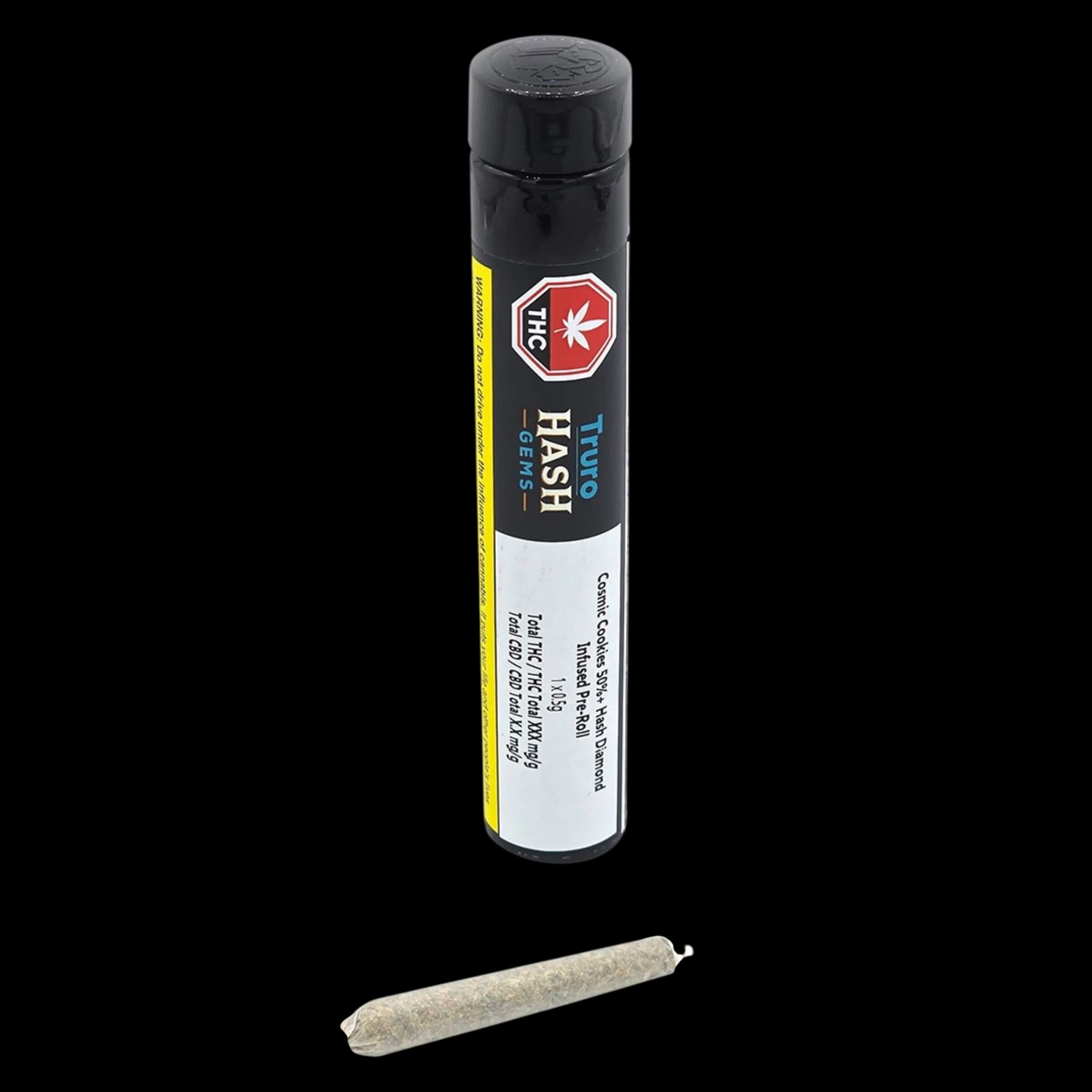 Truro Hash Gems pre-roll tube with 1.1g cannabis hash diamond infused pre-roll displayed below