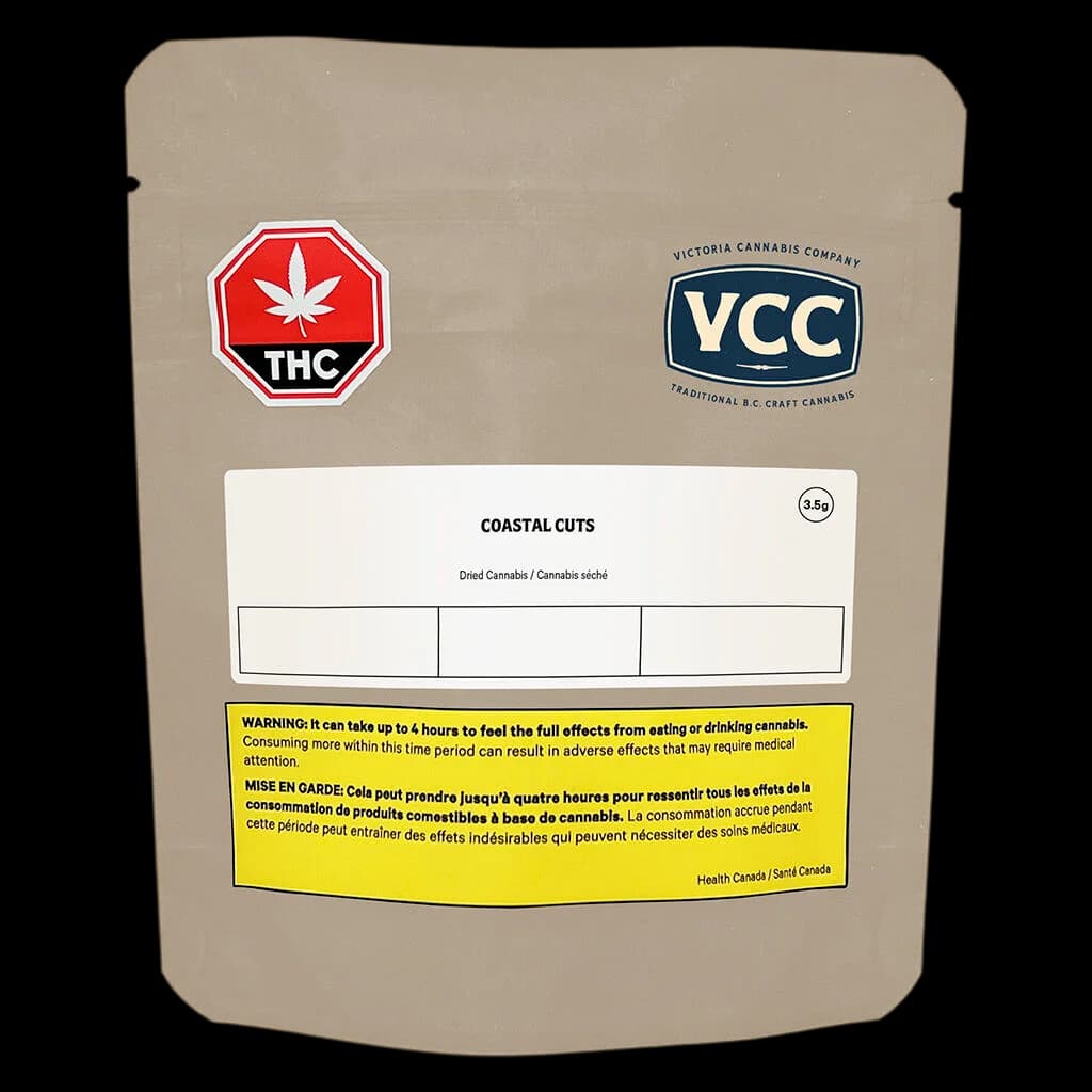 VCC Victoria Cannabis Company Coastal Cuts 3.5g dried flower pouch with THC warning symbol and Health Canada label