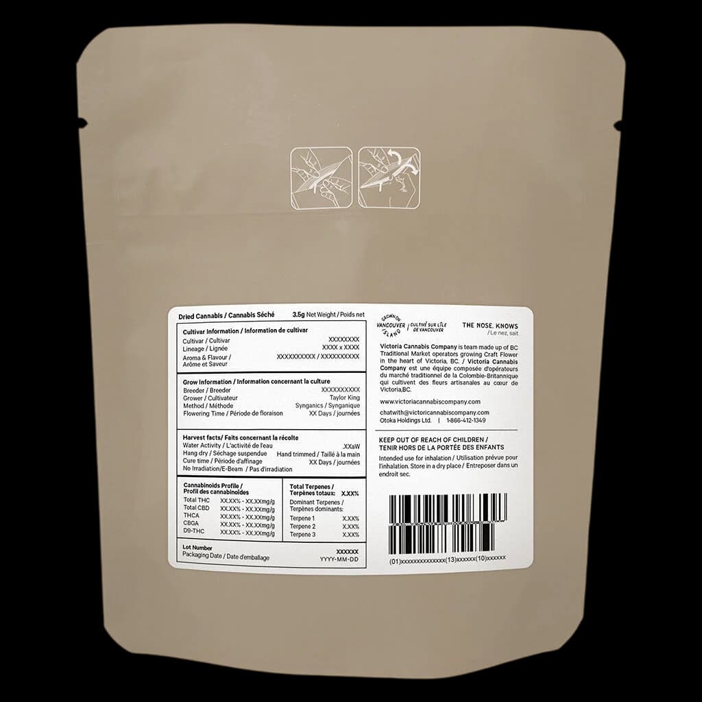 Victoria Cannabis Company Coastal Cuts 3.5g dried flower pouch with regulatory label showing cannabinoid profile and cultivar information