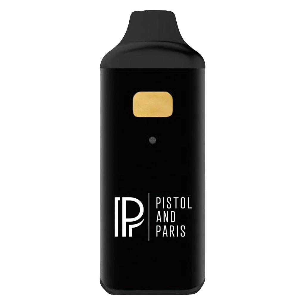Pistol and Paris Pink Goo Diamond Sauce disposable vape pen with black body and gold-trimmed mouthpiece