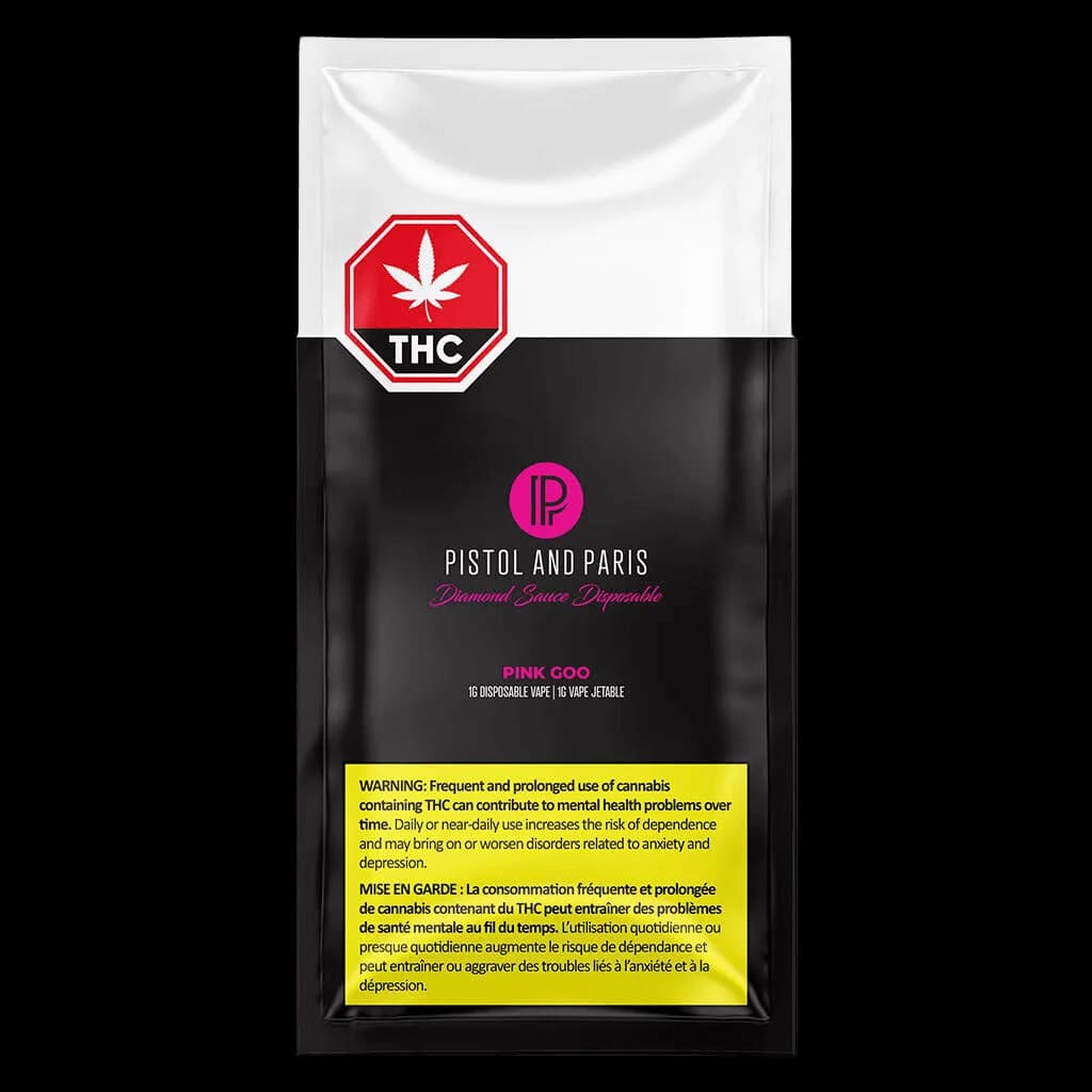 Pistol and Paris Pink Goo Diamond Sauce disposable vape, 1g THC vape cartridge with red THC warning symbol and yellow Health Canada warning label on black packaging