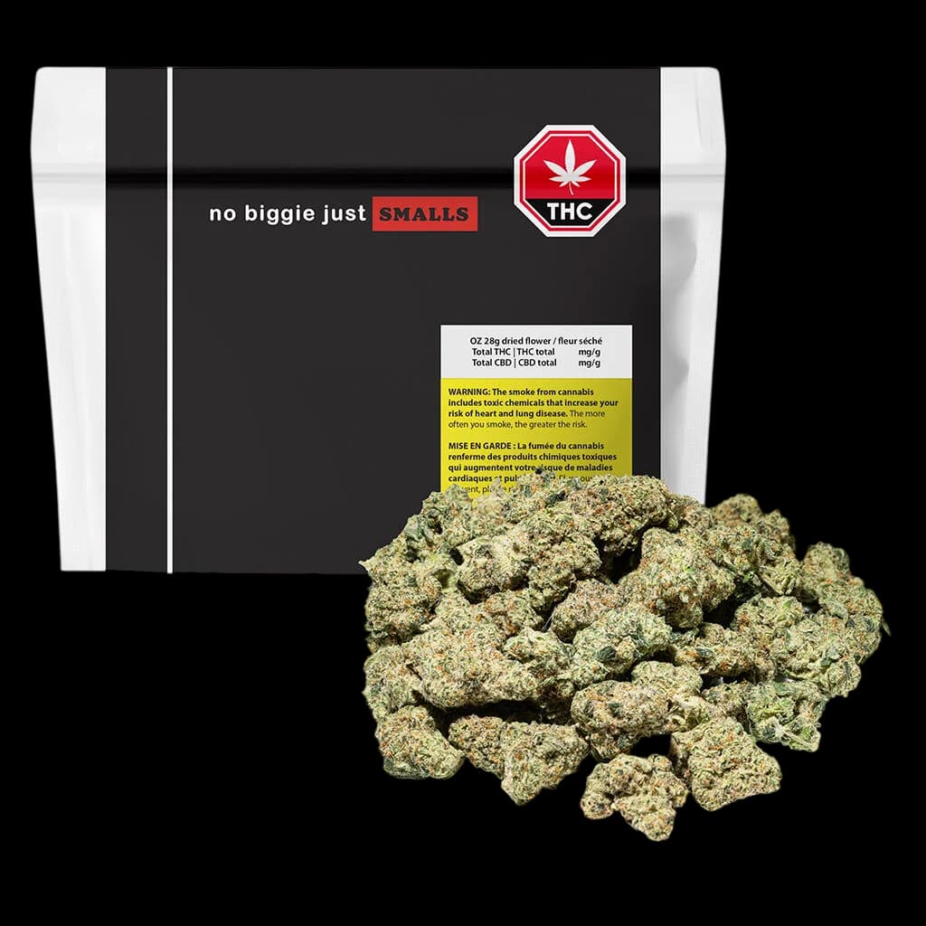 No Biggie Just Smalls 28g dried flower cannabis buds displayed in front of packaging with THC warning label