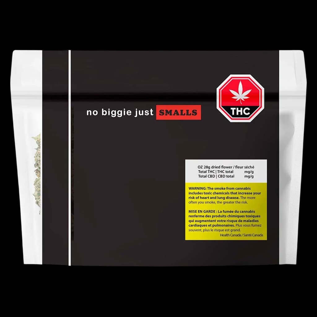 No Biggie Just Smalls 28g dried flower pouch with black packaging, red THC logo, and Health Canada warning label