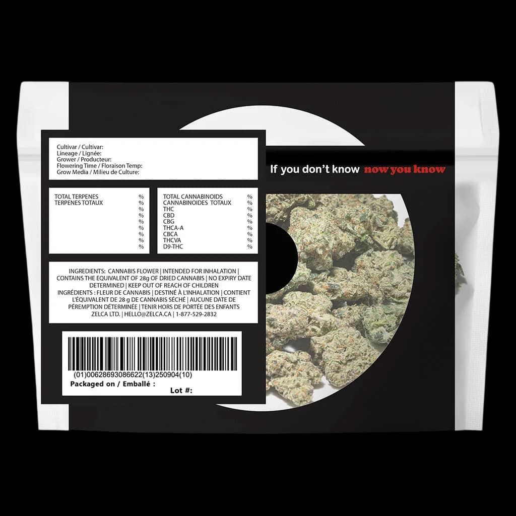 No Biggie Just Smalls cannabis dried flower package showing small flower buds visible through window, with regulatory labels and potency information