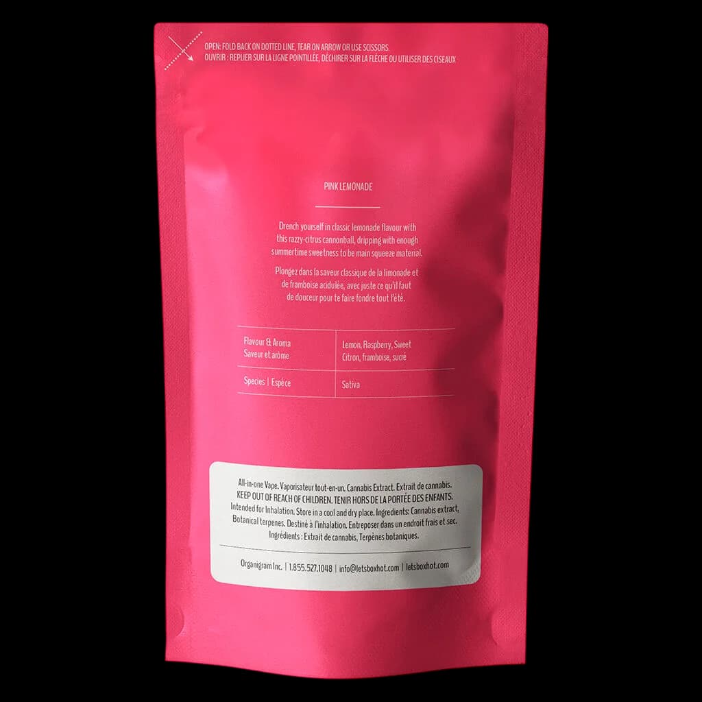 Emballage du stylo vapeur de cannabis Boxhot Pink Lemonade, pochette rose avec notes de saveurs de citron, framboise et agrumes, et informations sur l'espèce Sativa