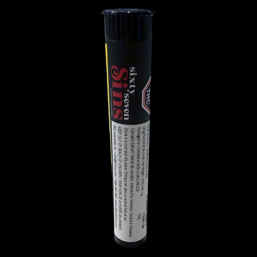 Sixty Seven Sins Infused Pre-Roll tube with black cap and product labeling visible