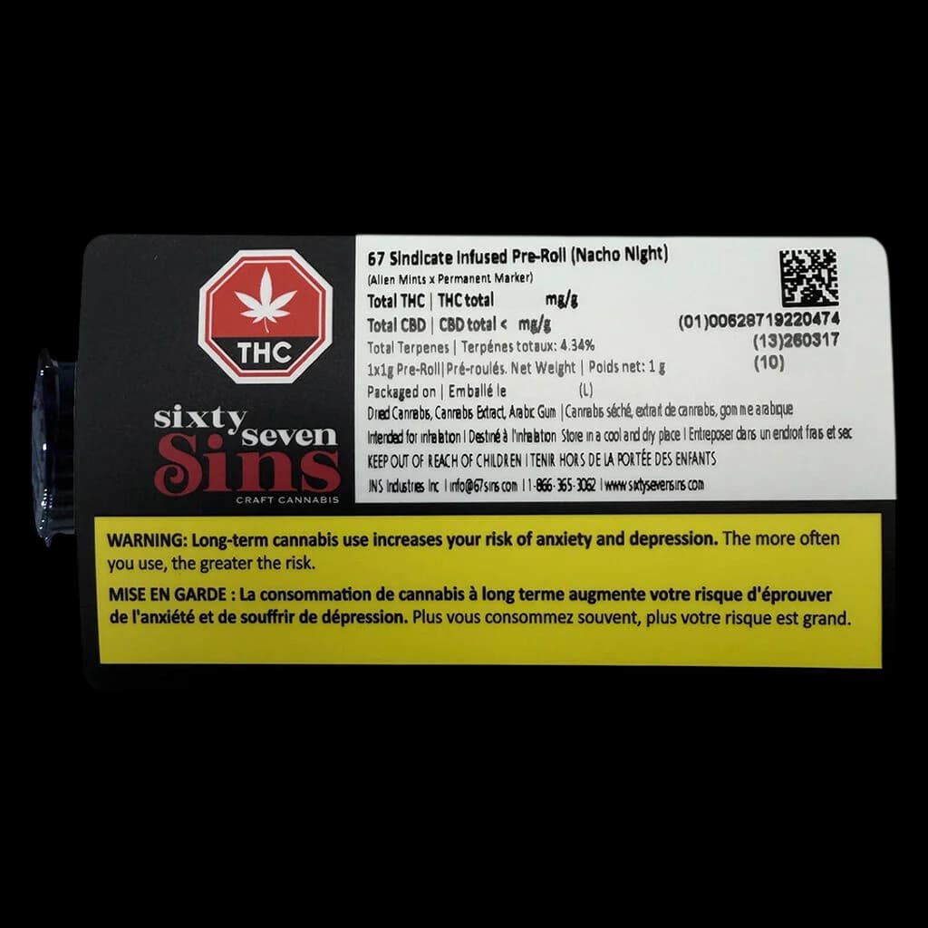 67 Sindicate Infused Pre-Roll (Nacho Night) 1g package by Sixty Seven Sins Craft Cannabis with THC warning label