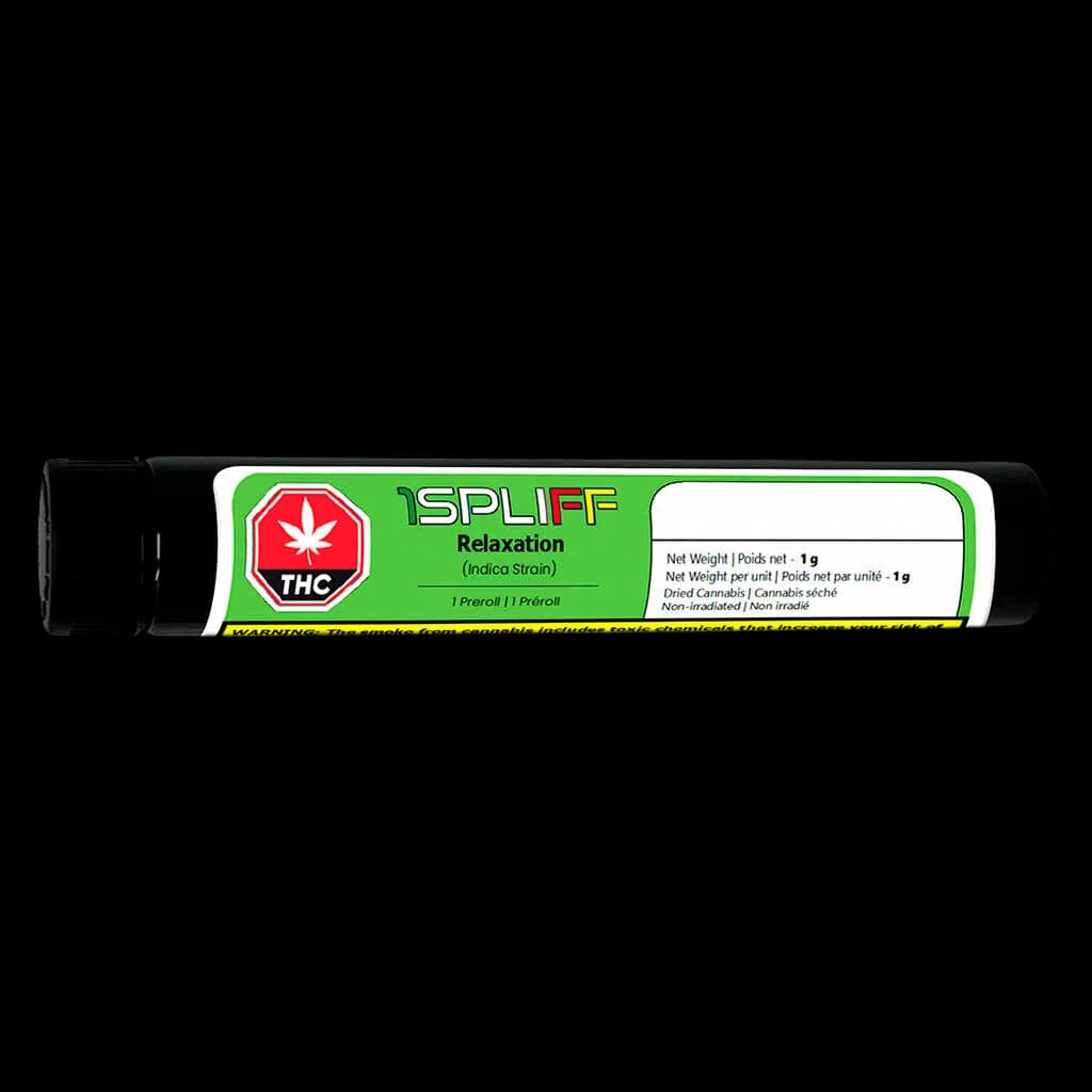 1Spliff Relaxation indica pre-roll, 1g, in black tube with green and white label showing THC warning symbol