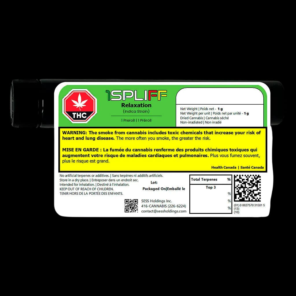 1Spliff Relaxation indica pre-roll, 1g, with green packaging, black tube, and Health Canada warning label