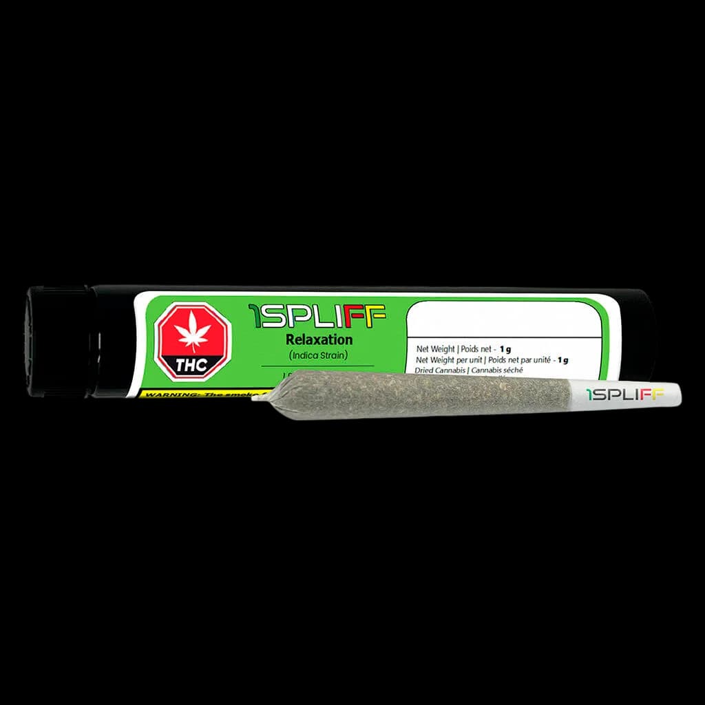 1Spliff Relaxation Indica pre-roll, 1g, with green packaging featuring red THC symbol and rolled cannabis joint displayed beside tube