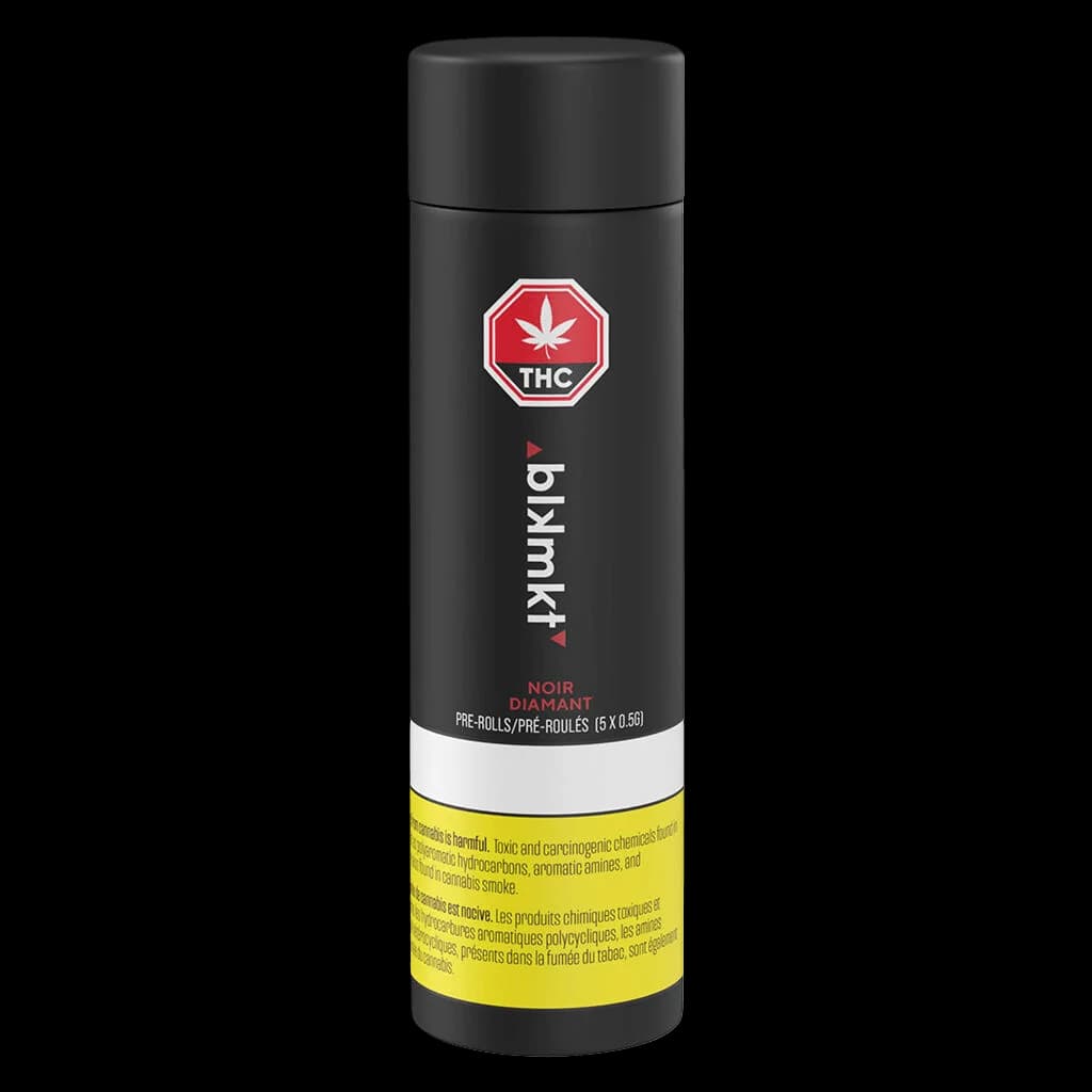 Paquet de pré-roulés BLK MKT Noir Diamant, 5 x 0,5 g de pré-roulés de cannabis dans un tube noir avec symbole THC rouge