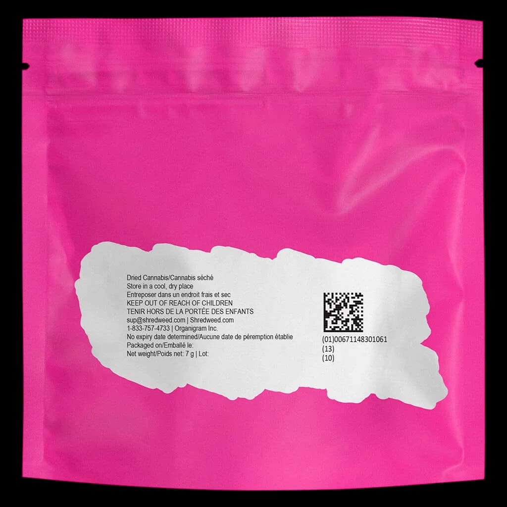 Shred Gnarberry 7g dried cannabis flower pouch, bright pink packaging with white label and QR code
