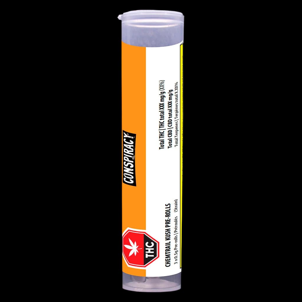 Conspiracy Chemtrail Kush pre-roll pack, 3x 0.5g pre-rolled joints in clear plastic tube with orange and white label