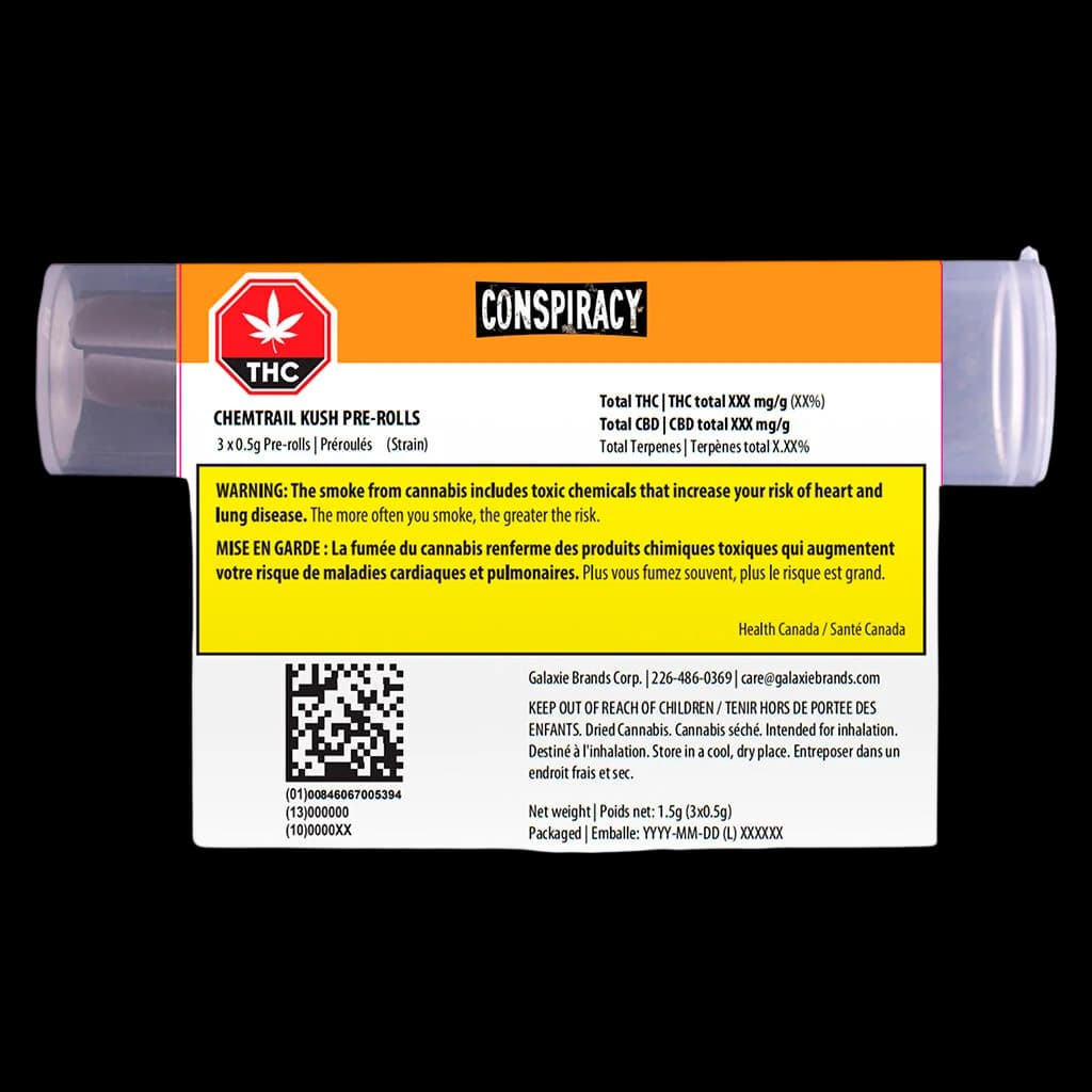 Conspiracy Chemtrail Kush pre-rolls, 3 x 0.5g pack with orange packaging and Health Canada warning label