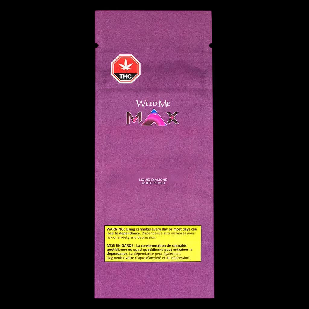 Weed Me Max Liquid Diamond White Peach 510 thread cannabis vape cartridge package with purple gradient packaging and THC warning symbol