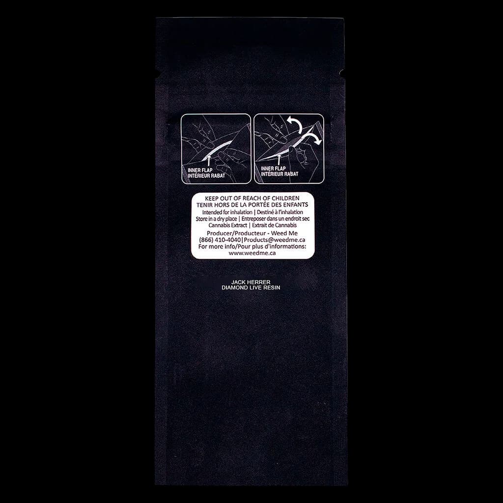 Weed Me Max Jack Herrer Diamond Live Resin 510 thread vape cartridge with black packaging and product icons