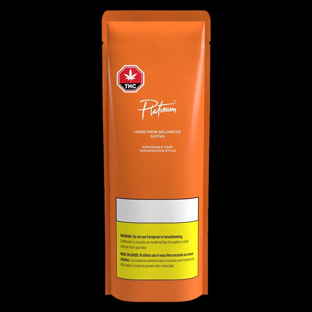 Stylo vape jetable Platinum Honeydew Balanced Sativa avec emballage orange et étiquette d'avertissement sanitaire jaune