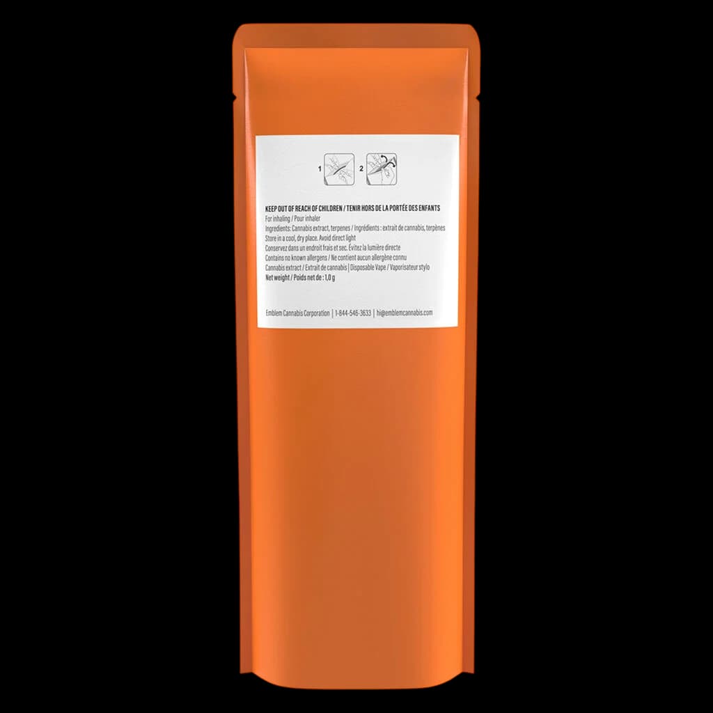 Cartouche de vapotage de cannabis Platinum Honeydew Balanced AIO de 1,0 g dans un emballage en pochette orange avec étiquette blanche indiquant les instructions d'utilisation et les informations réglementaires