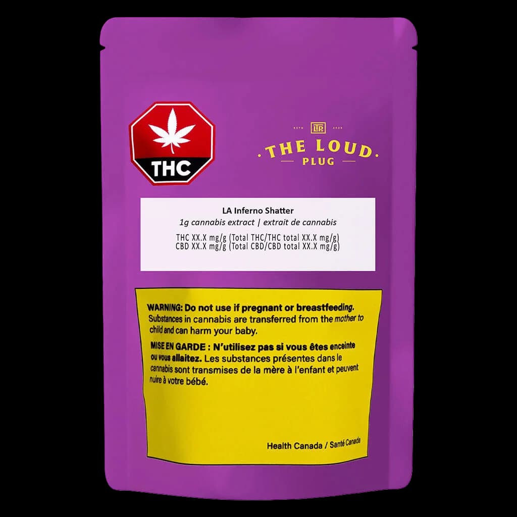 The Loud Plug LA Inferno Shatter 1g cannabis extract package with purple pouch, red THC symbol, and yellow Health Canada warning label