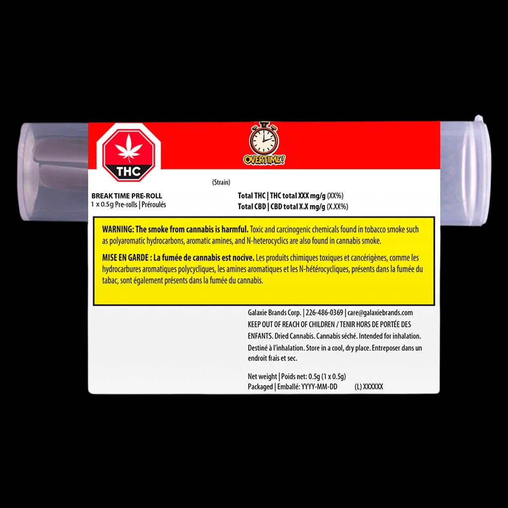 Break Time pre-roll 1 x 0.5g package rear with THC warning label and regulatory information