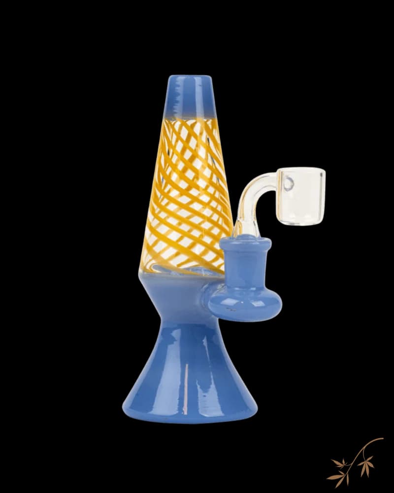 Red Eye Tek Magma Rig with UFO percolator, 5.5 inches tall, blue glass with yellow lattice-patterned bowl and clear glass attachment for cannabis concentrate use
