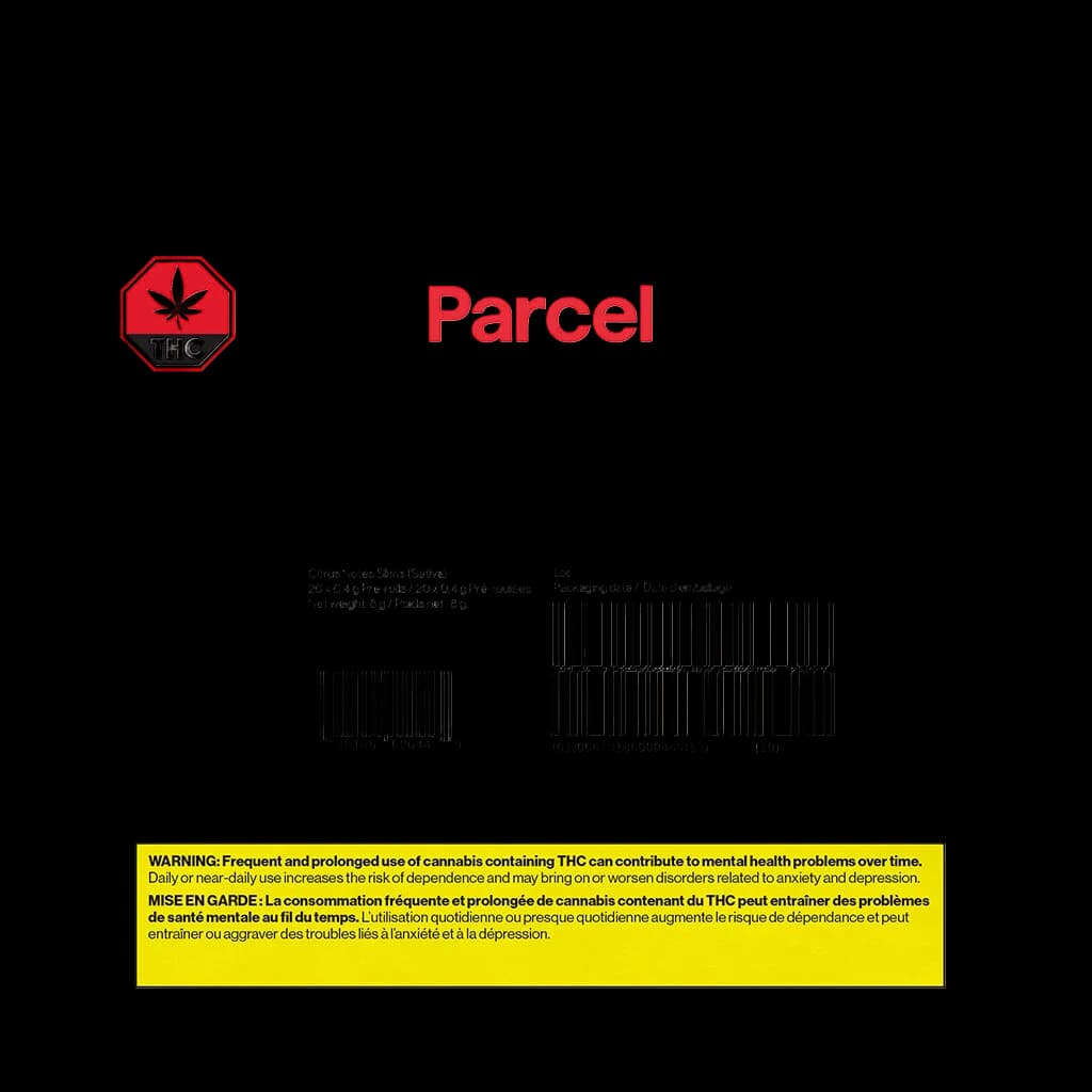 Parcel Citrus Notes Slims Sativa pre-rolls, 20 x 0.4g pack, 8g net weight with THC warning symbol and Health Canada bilingual warning label