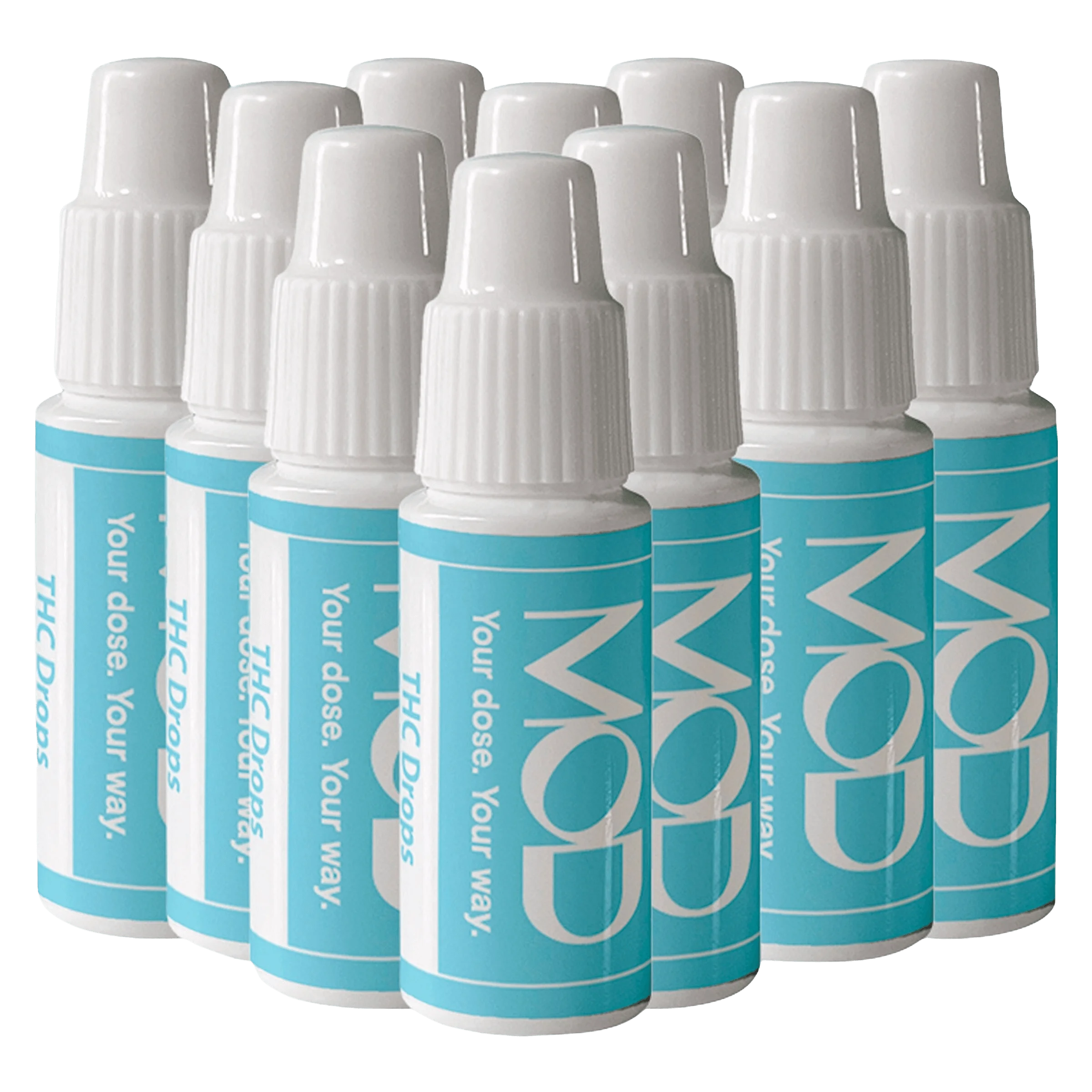 MOD THC Drops 1000 cannabis oil bottles with turquoise labels and white child-resistant caps, 10-pack display