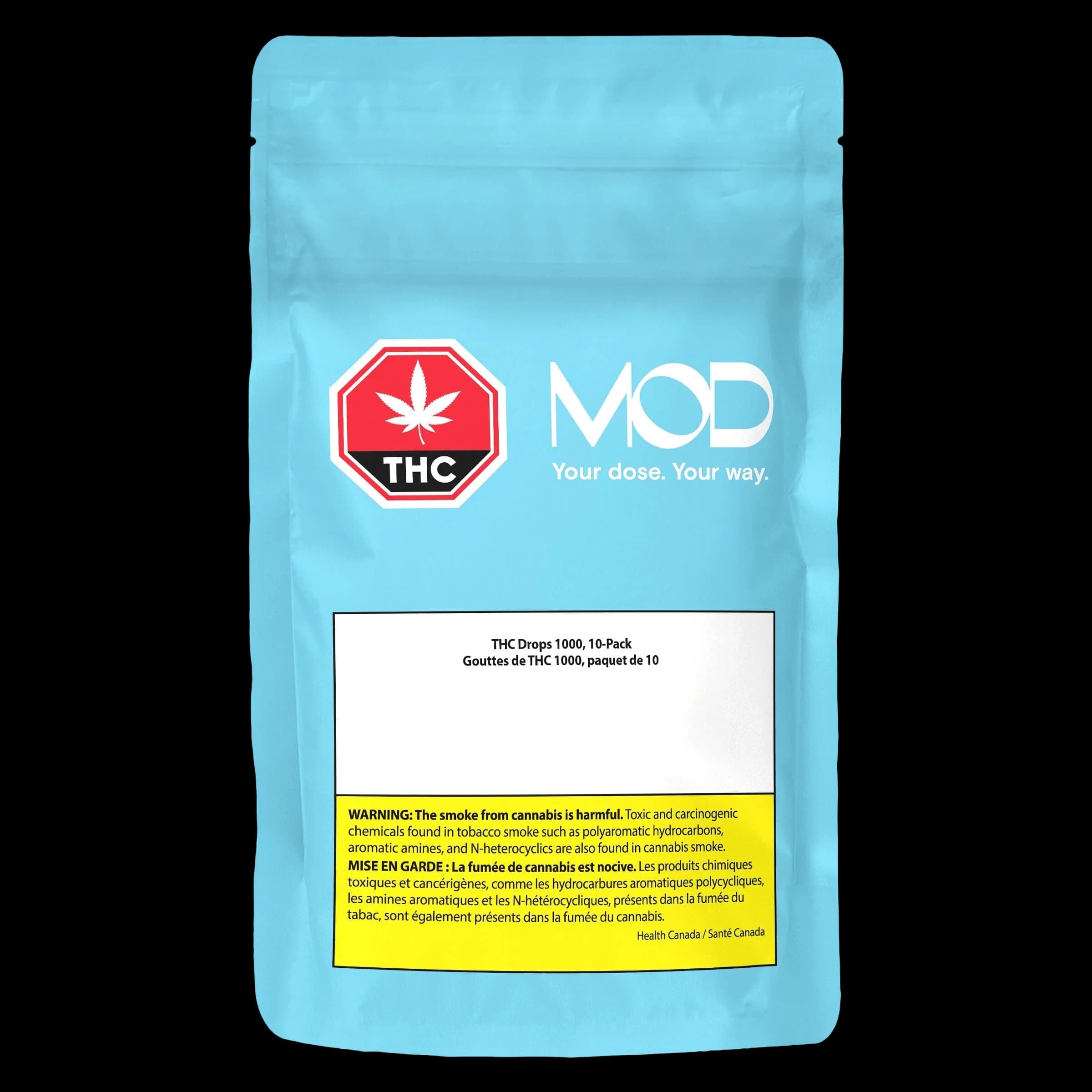 MOD THC Drops 1000, 10-pack cannabis oil drops in light blue pouch with red THC warning symbol and Health Canada warning label
