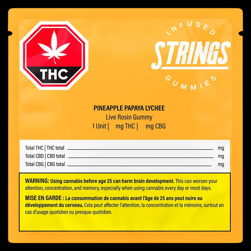 Strings Infused Pineapple Papaya Lychee live rosin gummy, 1 unit, yellow package with red THC symbol