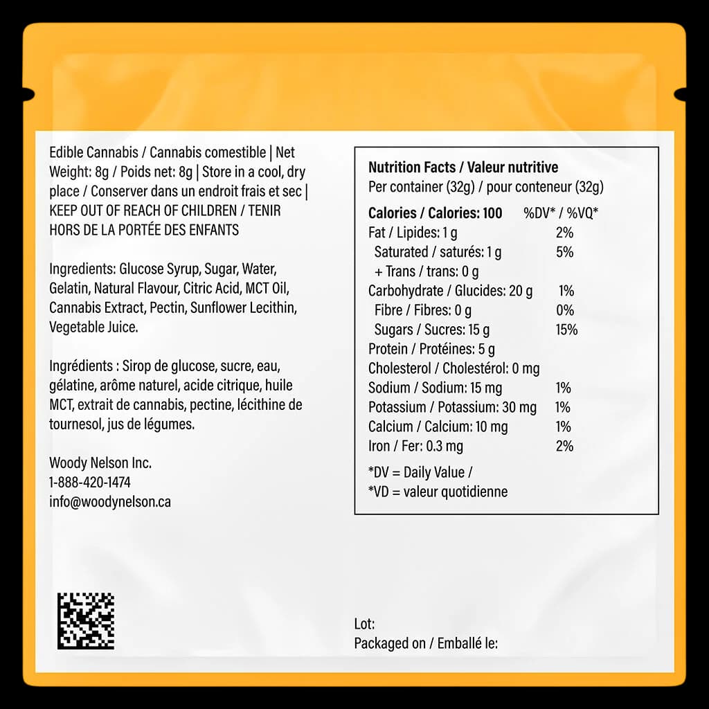 Strings Pineapple Papaya Lychee cannabis edible gummy 8g package back label showing nutrition facts, ingredients, and Health Canada warnings