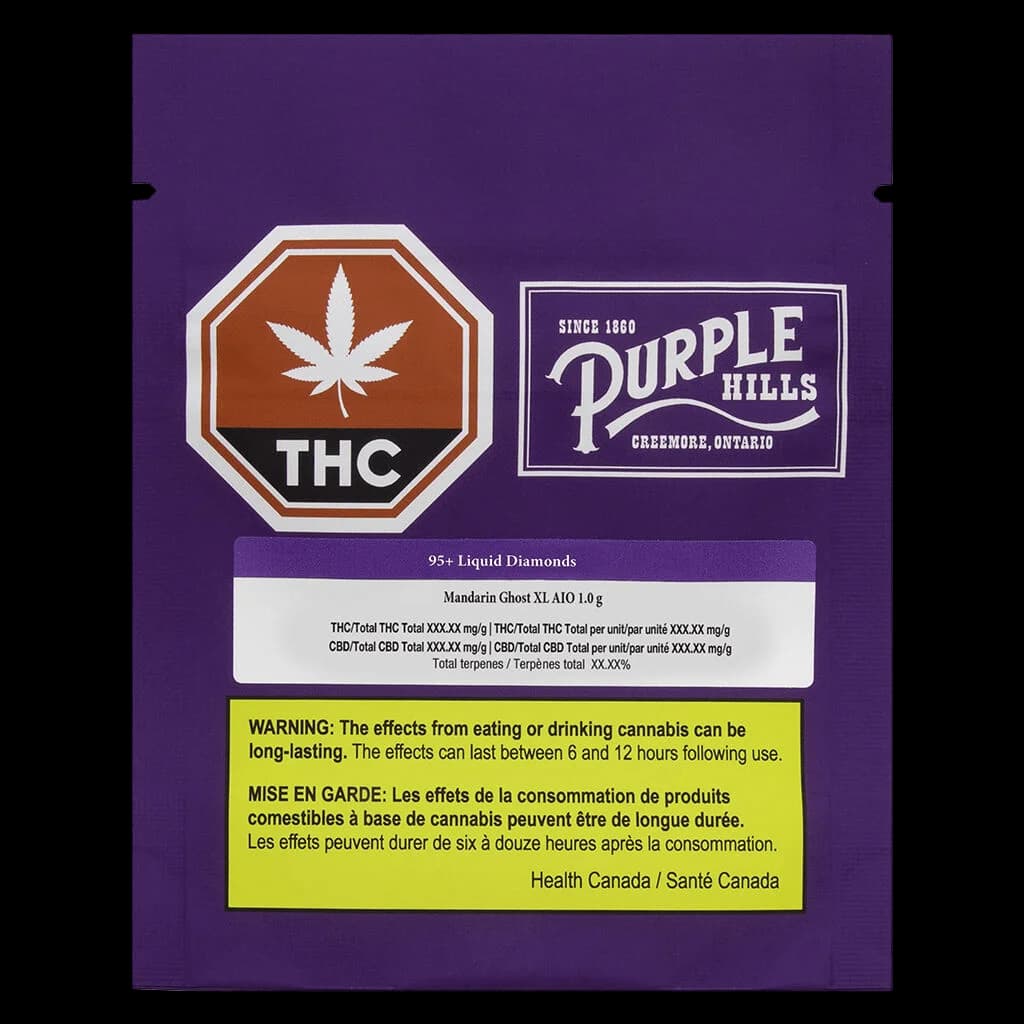 Purple Hills Mandarin Ghost XL 95+ Liquid Diamonds 1.0g cannabis vape cartridge packaging with THC warning label